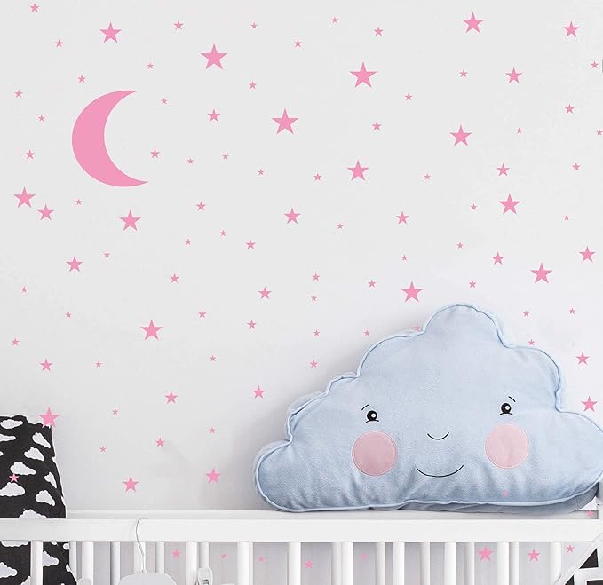 Moon and Stars Wall Decal Vinyl Sticker for Kids Boy Girls Baby Room Decoration Good Night Nursery Wall Decor Home House Bedroom Design YMX16 (Soft Pink)