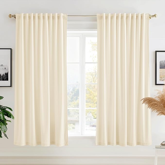 StangH Curtains Ivory White Velvet, Thermal Insulated Room Darkening Drapes for Bedroom, Living Room & Home Theater, Rod Pocket Back Tab Style, 2 Panels, 52 x 63 Inches