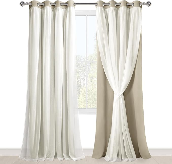 Hiasan Blackout Curtains with White Sheer Overlay, Double Layer Mix & Match Thermal Insulated Room Darkening Curtains for Girls Bedroom, Living Room, 2 Window Panels with Tiebacks, Taupe, 52W X 96L