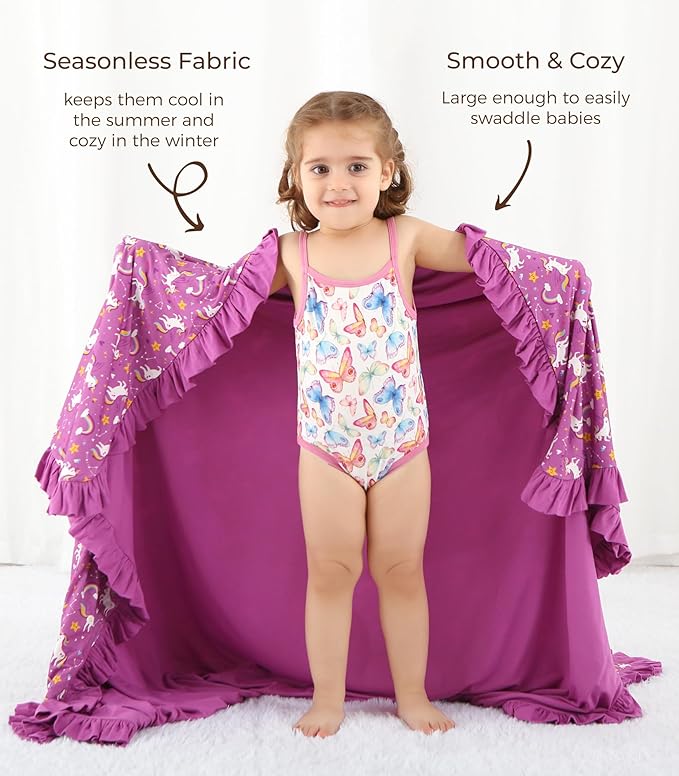 Premium Baby Blankets, Soft Viscose from Bamboo Blanket for Girls, Nursery Crib Bedding Quilt for Newborn and Toddler, Ruffle Blanket Cooling for Hot Sleepers 50''x50'' Purple Unicorn