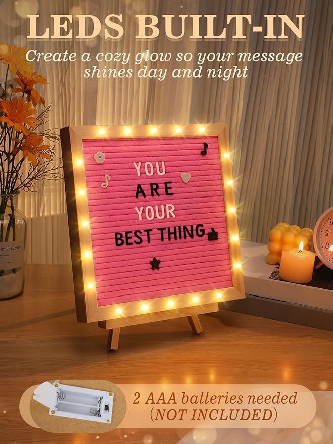 Changeable Felt Letter Board with LED Lights - 10×10" Message Custom Signs & Wood Stand & 450 Letters, Poster Board for Christmas/Pregnancy/Baby Announcement/Baby Shower/Wall Decor Gifts, Pink