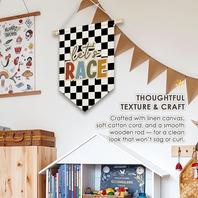 Wheatwin Toddler Boys Room Decor, Race Car Playroom Wall Decor for Kids Nursery Bedroom, Let's Race Black Checkered Wall Hanging Pennant Flag Banner, 15x11 Inch