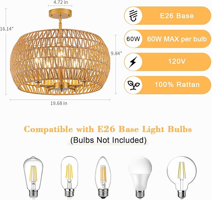 Rattan Ceiling Light Fixture, 5-Light Boho Semi Flush Mount Ceiling Light, 20" Wicker Light Fixture with Handmade Woven Cage Lampshade, Rattan Chandelier for Bedroom Hallway Nursery Kitchen Farmhouse