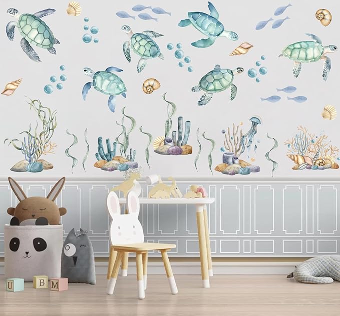 Watercolor Sea Turtle Wall Stickers, Sea Turtles Seaweed Coral Bubbles Vinyl Wall Decals, Removable Under The Sea Themed DIY Wall Art for Kids Bedroom Playroom Toddler Room Bathroom Decor
