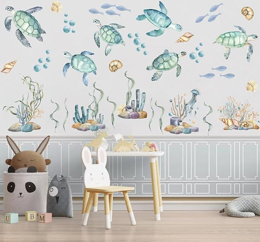 Watercolor Sea Turtle Wall Stickers, Sea Turtles Seaweed Coral Bubbles Vinyl Wall Decals, Removable Under The Sea Themed DIY Wall Art for Kids Bedroom Playroom Toddler Room Bathroom Decor
