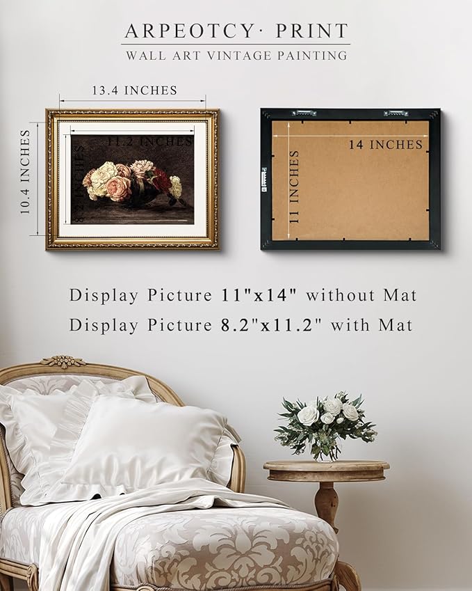 ARPEOTCY Vintage Gold Framed Wall Art, Retro Floral Roses Flower Paintings, Canvas Prints Artwork with Antique Pictures Frame, Victorian Wall Picture Decor for Living Room Bedroom, 13x16 inch
