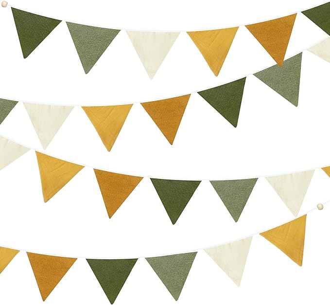 2 Sets of Sage Green Yellow Nursery Garland 24Pcs Fabric Linen Pennant Banner Flags Triangle Streamers for Baby Playroom Decor Kids Jungle Woodland Camper Birthday Baby Shower Boho Party Decorations