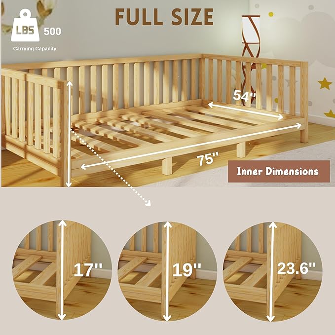 Montessori Floor Bed Designed with Open Front and Footed Model for Girls and Boys | Pine Wood Natural Solid Frame Beds with Slats | Sturdy Designed Floor Bed Frame for Kids (Full, Height : 23 Inches)