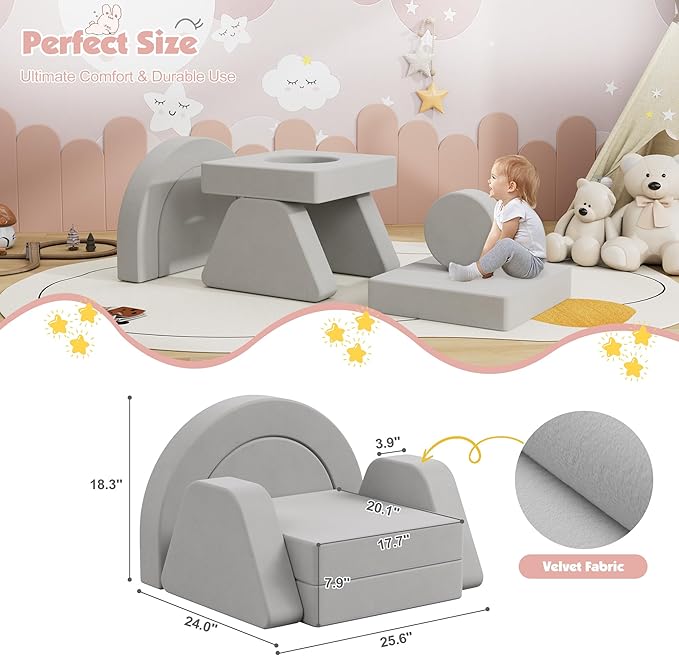 7 PCS Modular Kids Play Block Couch Child Sectional Sofa Toddler Building Fortplay Bedroom Playroom Baby Convertible Floor Foam Cushion for Boys & Girls (Light Gray-Single)