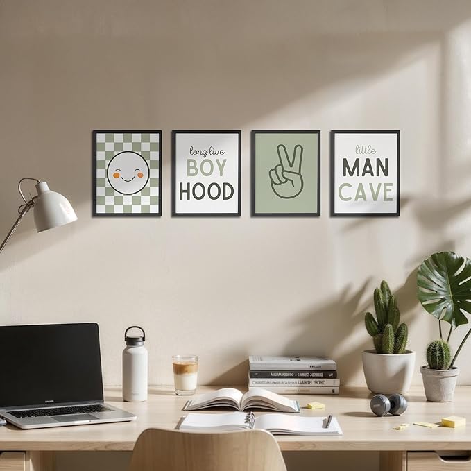 OFJE Sage Green Baby Boy Long Live Boyhood and Little Man Cave Wall Art Prints Set of 4, Baby Boys Posters for Nursery Kids Room Playroom Bedroom Decor, 8x10 Unframed