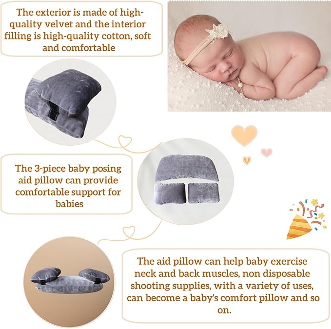 3 PCS Newborn Photography Props, 0-3 Months Baby Posing Aid Pillow, DIY Newborn Professional Photograph Shoot Set (Grey)
