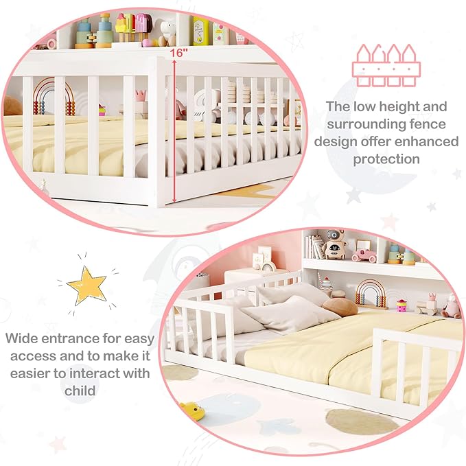 KOMFOTT Full Floor Bed with Bookcase & Shelves, Wood Bed Frame with Bedside Bookshelves & Guardrails, Versatile 2-in-1 Montessori Floor Bed for Kids (White)