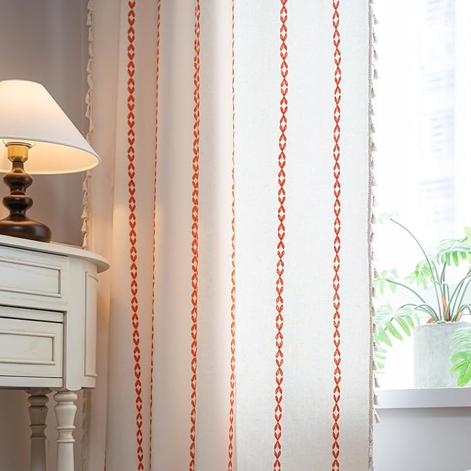 Deeprove Rust Orange Boho Curtains 72 inches Length for Living Room Bedroom Nursery, Vintage Chic Bohemian 72 inches Long Embroidery Farmhouse Tassel Privacy Window Treatments W52 x L72, 1 Panel