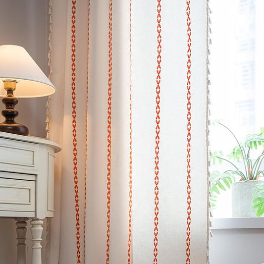 Deeprove Rust Orange Boho Curtains 72 inches Length for Living Room Bedroom Nursery, Vintage Chic Bohemian 72 inches Long Embroidery Farmhouse Tassel Privacy Window Treatments W52 x L72, 1 Panel