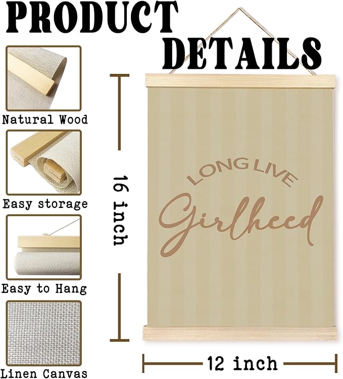 Hiuwevt Girls Nursery Wall Art, Long Live Girlhood Poster Hanger Frame, Retro Preppy Neutral Striped Wall Art Home Decor for Little Girls Toddler Nursery Room Bedroom Playroom, 12x16 Inch