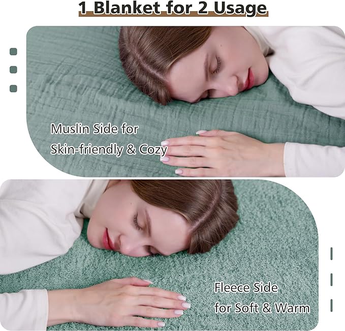 EMME Muslin and Fleece Throw Blanket Reversible - 50"*60" Teal Soft Warm Throw Blankets for Couch Bed Picnic Travel Bed