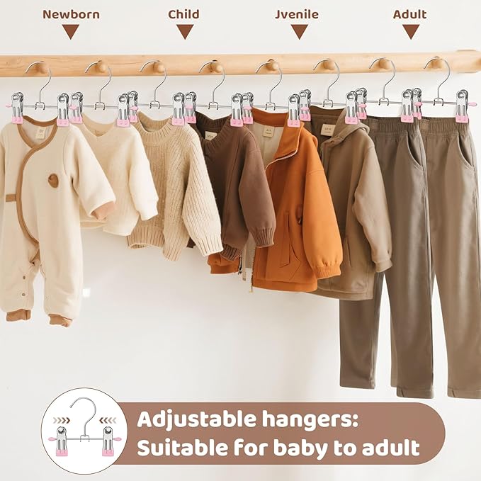 24 Pack Baby Hangers with Clips, 360°Rotatable Toddler Pant Hangers with Clips, Non-Slip Space Saving Kids Hanger for Newborn Children Clothes Skirts Boots Closet Organizers, Pink