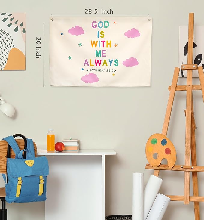 Christian Bible Verse Scripture Rectangular Banner Flag Wall Sign Decor Gift for Baby Girls-Nursery Baby Room Bedroom Decor-Baby,Shower Birthday Christmas Gift-God Is with Me Always