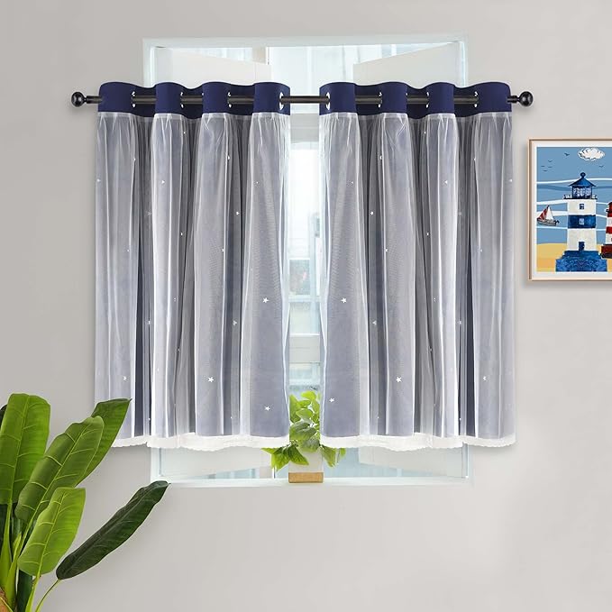 Kinryb Kids Blackout Small Curtains for Bedroom/Living Room/Classroom, Sheer Overlay 2 Free Tiebacks,Double Layer Curtains with Star Cutout for Kids Room(W 52 x L 36 Inches,Navy Blue 2 Pcs)