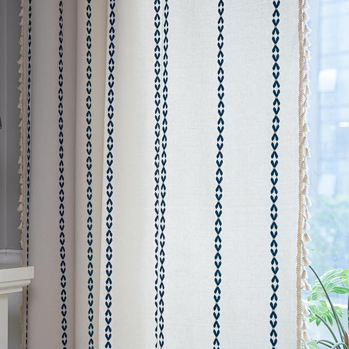 Deeprove Navy Blue Boho Curtains 96 inches Long for Bedroom, Vintage Privacy Bohemian Embroidery Light Filter Cotton Linen Stripes French Country Tassel Window Treatments Decor, W52 x L96, 1 Panel