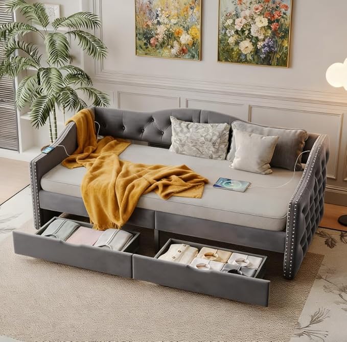 Bellemave Twin Upholstered daybed with 2 Drawers and USB Charging, Velvet Tufted Sofa Bed Twin Size, daybed with Trundle for Adults, Kids, Girls, Teens, for Living Room, Grey
