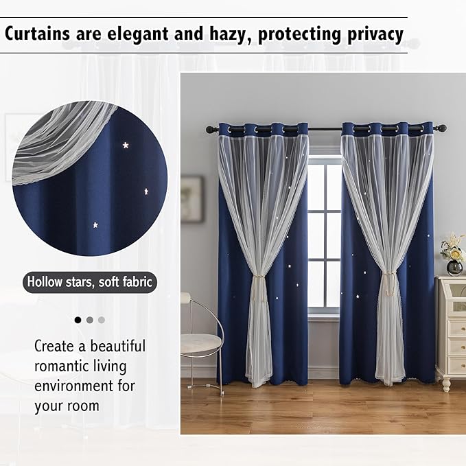 Anytime Romantic Kids Curtain,Hollow-Out Stars Window Curtain Double Layer Blackout Curtains for Girls Bedroom Kids Room 2Panel,(W52 x L63,Navy Blue)