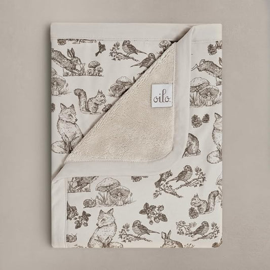 Oilo Baby Blanket, Luxury Plush Chenille Backing & Organic Cotton Jersey Print, Double Layered, 30" x 40", Rolled Jersey Edge Trim, Infant & Toddler Size, Heirloom Organic Collection, Woodland Animals