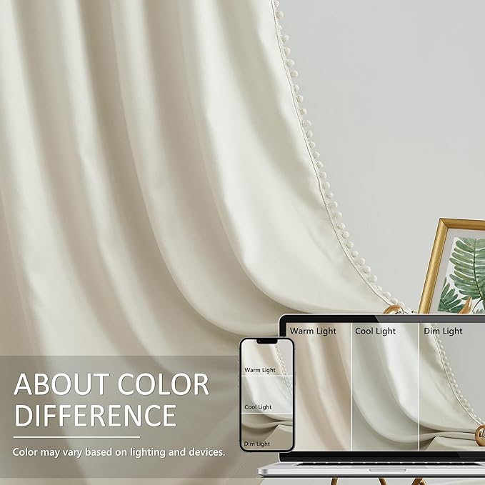 Treatmentex Pompom Window Curtain Panels Natural 45" Long Small Window Curtain Ivory Curtain Drapes for Basement Laundry Room Darkening Curtains 2Panels