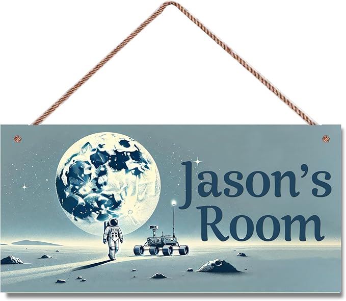 Personalized Name Door Sign Astronauts on the Moon Décor Wall Art Sign, Custom Wooden Signs Girl Name Hanging Décor For Kid Room