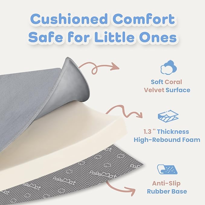 1.3" Thick Baby Floor Play Mat 71x79, Basic Padded Foam Mat for Tummy Time Crawling, Non Slip Cushioned for Babies Toddlers Infants Kids (Light Grey)