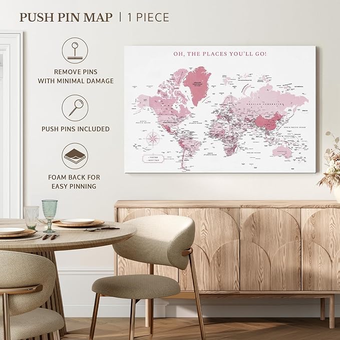 ElephantStock - Places You'll Go Push Pin World Map Wall Art - Horizontal Canvas Wall Art - Living Room Wall Decor - Digital Art Map Canvas Art - White And Pink Decor - 51" x 34"