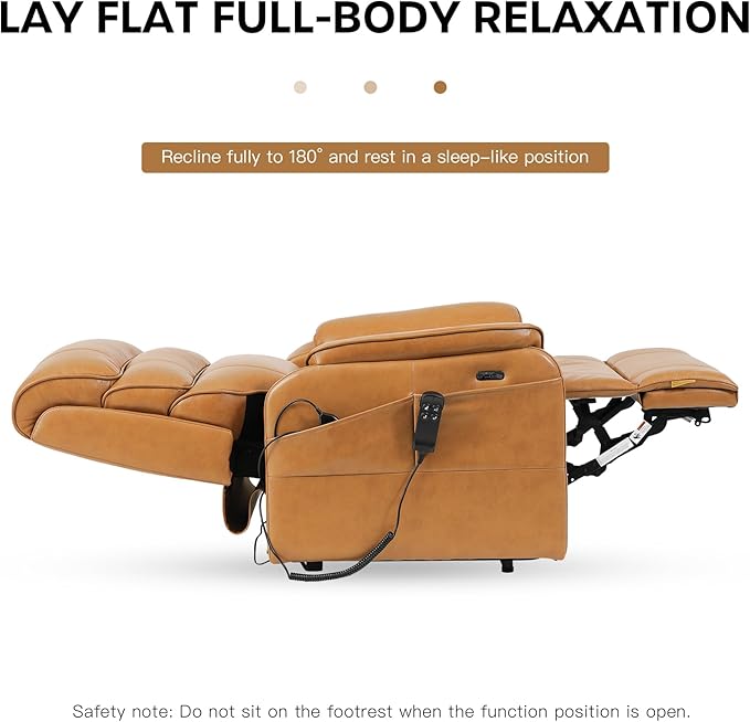 DYNOX 400 LBS Big & Tall Power Lift Recliner Chair for Elderly, Oversized Wide Dual Motor Lay Flat Infinite Positions Recliner with Heat, Massage & USB Charging Port (9298W,Genuine Leather,Camel)