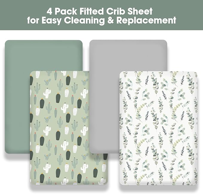 Little Grape Land Crib Sheets 4 Pack, Baby Crib Sheet Set for Standard Crib & Toddler Mattress, Super Soft Breathable Crib Mattress Sheets Fitted Girl & Boy, Leaves/Cactus/Green/Grey Set