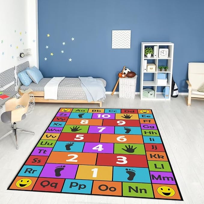 Kid Hopscotch Play Rug, ABC Alphabet Number Educational Carpet, Playroom Classroom Mat Non-Slip Washable (Red 47x71 in)