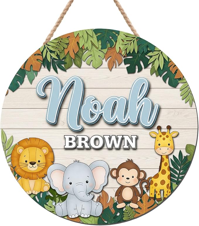 Jungle Animal Name Wooden Sign – Custom Wooden Nursery Wall Plaque with Lion, Elephant, Monkey, Giraffe, Personalized Toddler Room Decor Keepsake Gift for New Parents