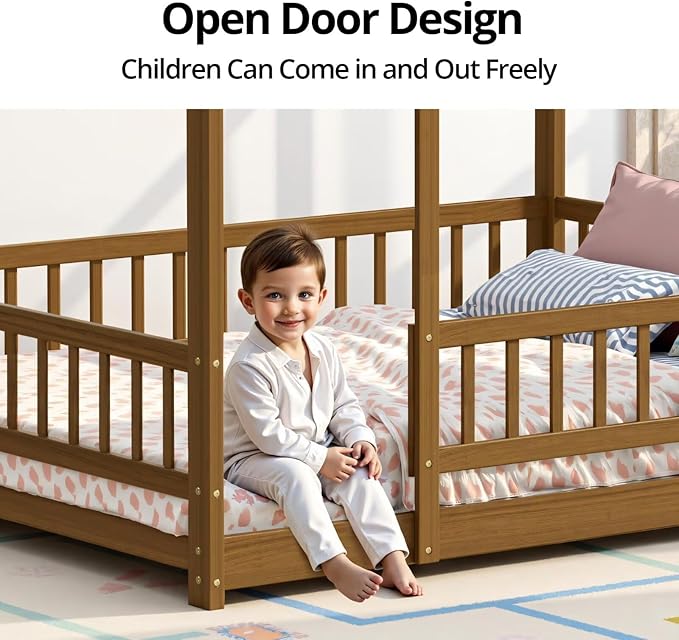 LLS Full Size Montessori Floor Bed Frame with Slats and Fence, Wooden House Bed for Boys Girls Bedroom, Light Espresso