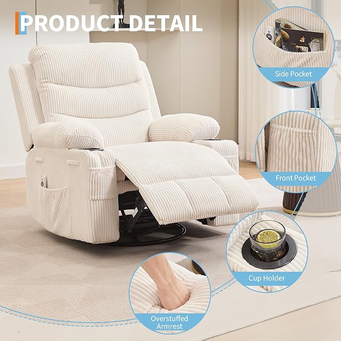 Recliner Chair Nursery, Oversized Manual Reclining Rocking Chair, 360 Swivel Glider with Cup Holder, Massage and Heat Recliner, Indoor Small Single Sofa Chairs for Adults, RV, Bedroom, Corduroy Beige