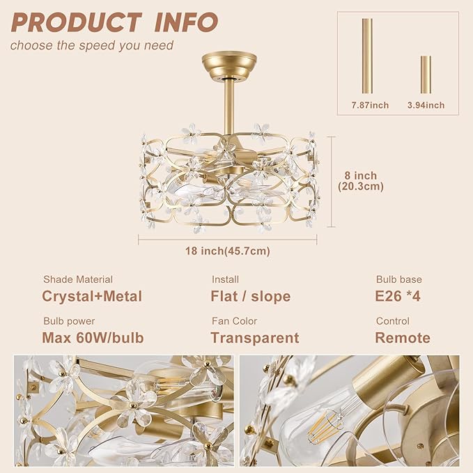 Gold Fandelier Ceiling Fan with Light and Remote Control Modern Crystal Flower Chandelier Ceiling Fan for Girl's Bedroom，Nursery，Living Room（Caged Enclosed 6 Speeds Height Adjustment）