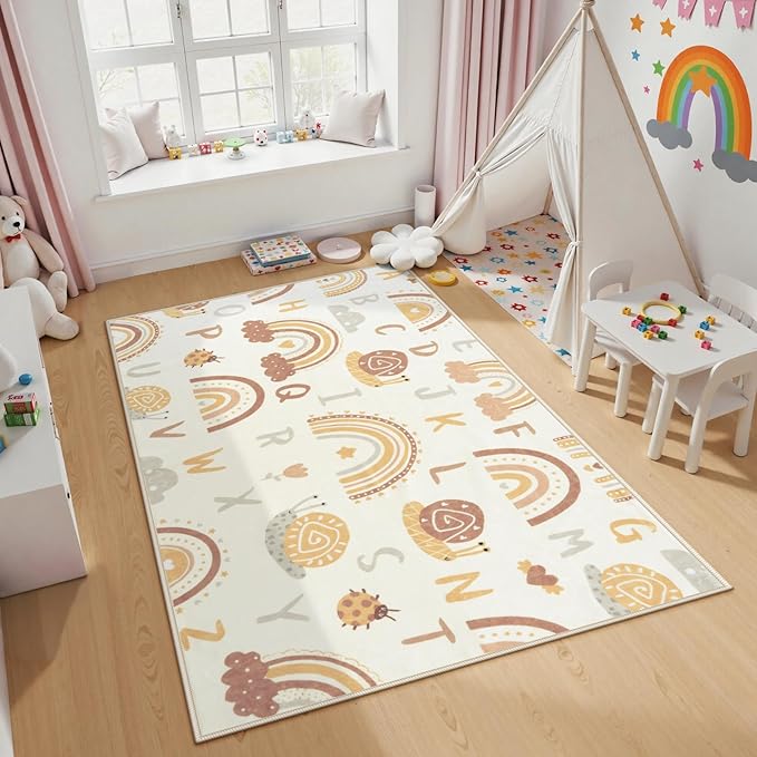 LIVEBOX Soft Kids ABC Rug, Washable Rainbow Rugs for Bedroom, Non Slip Playroom Carpet Cute Alphabet Mat for Preshcool Play Room (Orange,3'x5')