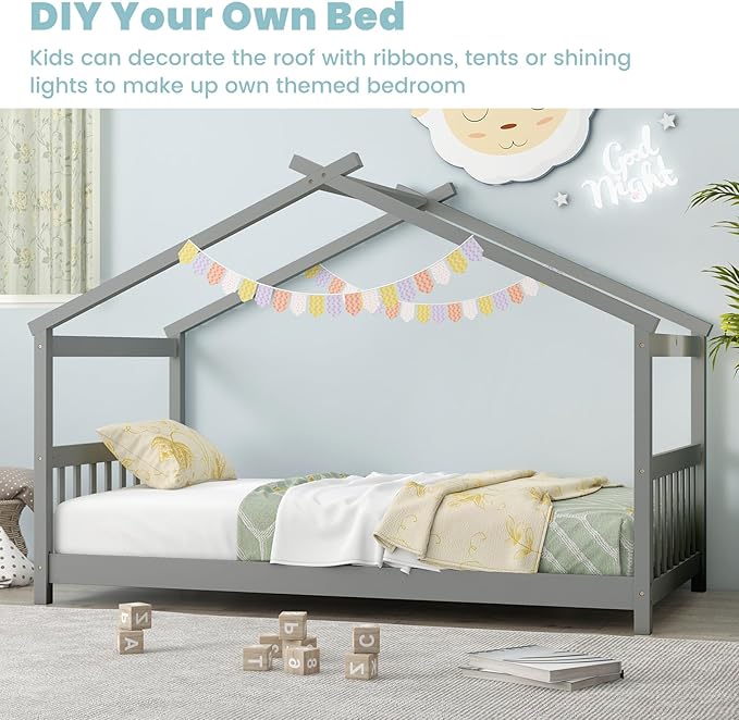 Giantex House Bed Twin, Solid Wood Kids House Bed with Roof, Headboard and Footboard, Low Floor Twin Bed Frame for Toddlers Teens Girls Boys, No Box Spring Needed, Grey