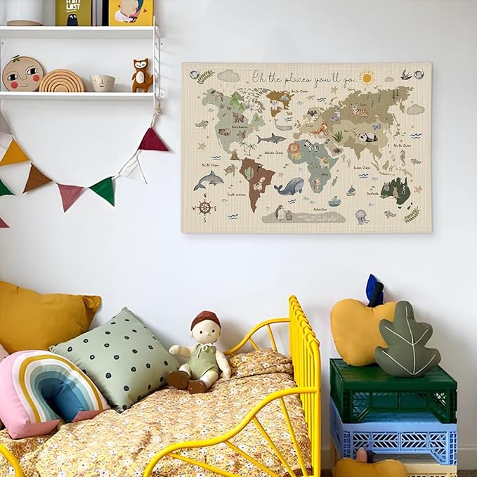 Wheatwin World Map for Kids, World Maps Banner for Playroom Wall 20x30, World Map Cute Wall Hanging Decor Banner Flag for Playroom Nursery Classroom Boys Girls Kids Room Prints