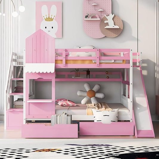 MERITLINE Full Over Full Castle Bunk Bed with Slide,Stairs and Drawers,Solid Wood Floor House Princess Bunk Bed with Storage Shelves (Pink,Full Over Full)