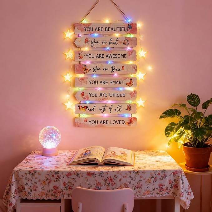 Vintage Classic Butterfly Sign Nursery Wall Decor Set of 8 with LED Lights, 11.4x2 Pink Cute Plaque Wall Art for Baby Girl Kid Teen Toddlers, 8 PCS Positive Wooden Quote Gift for kawaii Fairy Room