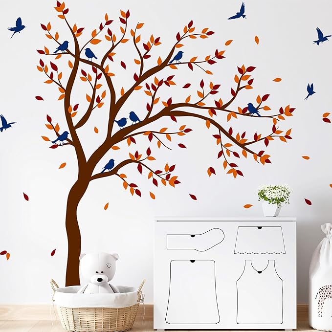 Large Tree Wall Decals,Autumn Nursery Tree Wall Sticker Decors,Peel and Stick Autumn Theme Art Decals for Kids Bedroom Nursery Playroom Library Living Room and Bedroom Decoration