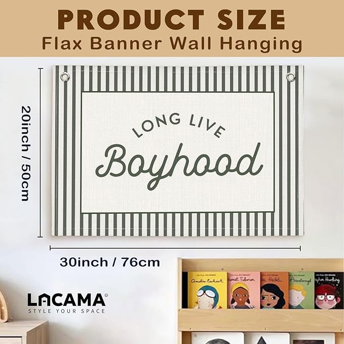Lacama Vintage Green Long Live Boyhood Boys Room Decor, Boy Nursery Decor, Linen Banner Wall Hanging Canvas Banner Flag Decor for Toddler Boy Room Nursery 30x20 Inch