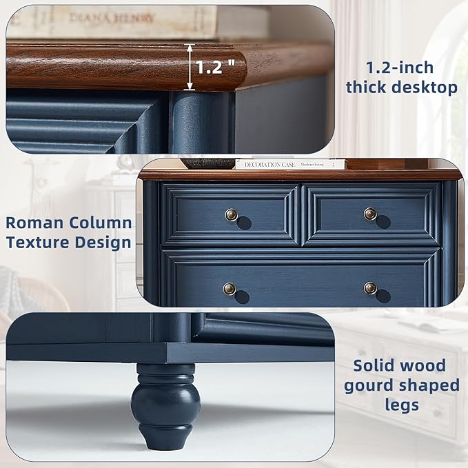 Farmhouse 6 Drawer Dresser, Blue Chest of Drawers, 43.5" Tall Dressers for Bedroom with Roman Column and Metal Handles, Rustic Wood Storage Organizer for Living Room, Hallway, Closet