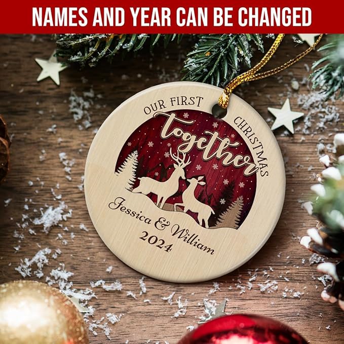 wowcugi Personalized First Christmas Together Ornament Personalized Reindeer Couple Ceramic Ornaments Engagement Ornament Wedding Keepsake Gifts for Newlywed Xmas Tree Decorations