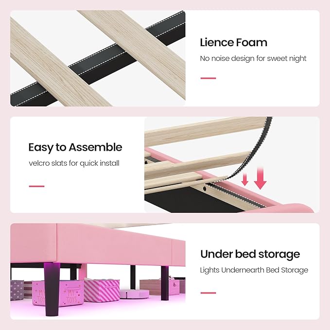 BTHFST Twin Size Bed Frame with LED Lights, Girls Twin Bed with Princess Crown, LED Velvet Upholstered Platform Bed Frame with Adjustable Headboard, No Box Spring Needed, Pink
