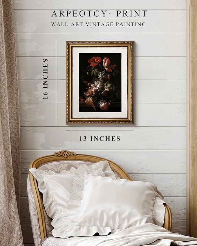 ARPEOTCY Vintage Gold Framed Wall Art, Retro Still life Floral Flowers in a Bowl Canvas Prints Artwork with Antique Frame, Victorian Wall Paintings Decor for Living Room Gallery, 13x16 inch