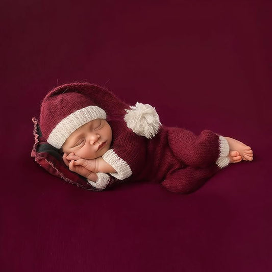 Newborn Christmas Outfit Boy Red Knit Romper & Santa Baby Hats, 1st Christmas Baby Boy Photoshoot Outfits Photo Props